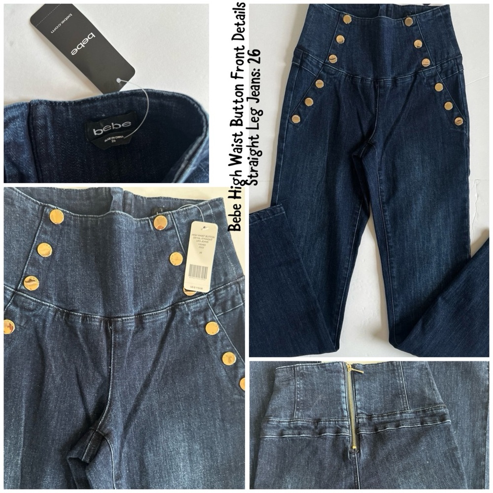 Bebe High Waist Blue Jeans with Gold Button Details
